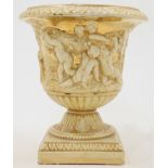 An Italian cream glazed and gilt highlighted porcelain Campana urn, 20th century, the body moulde...