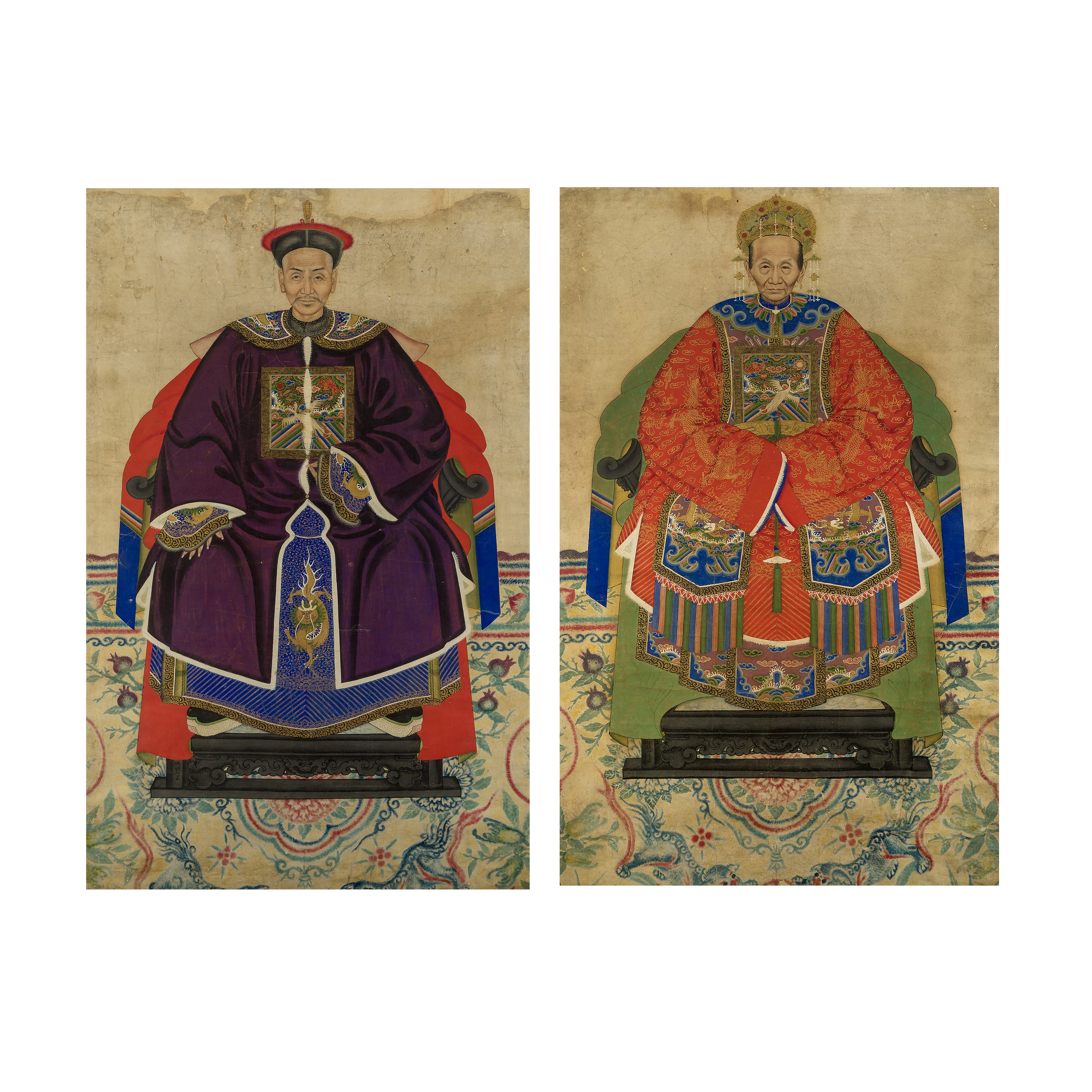 Chinese School, Qing dynasty, 19th century, Ancestor portraits, gouache on paper, a pair depictin...