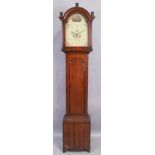 A George III oak and mahogany longcase clock, first half 19th century, the broken arched cornice ...