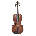 A student violin, 20th century, with 14" one piece back, in black painted wooden case, together w...