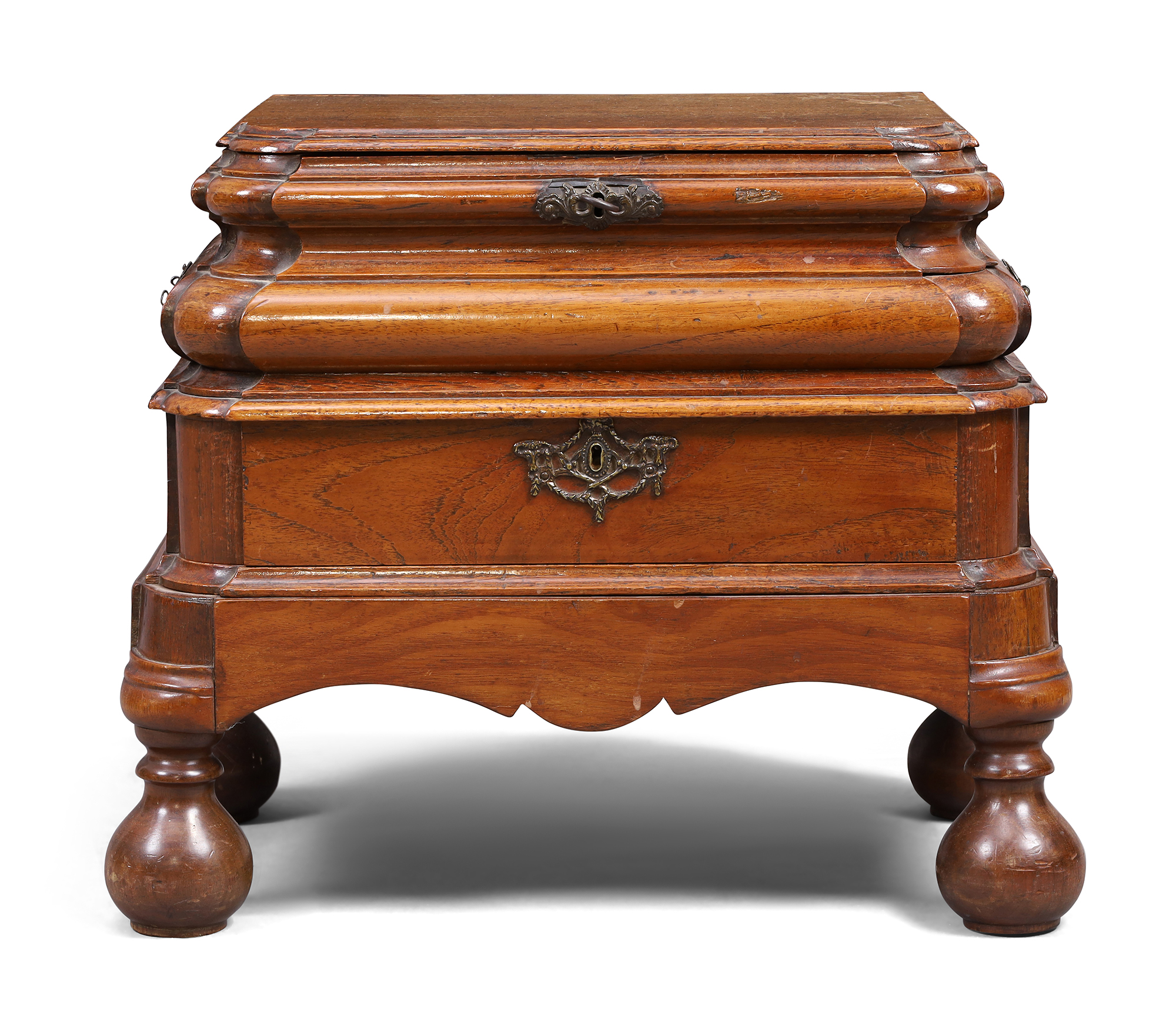 A Dutch bombe oak work box, second quarter 19th century, the hinged top above drawer and side dra... - Image 2 of 5