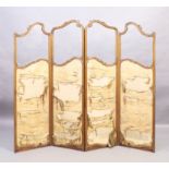 A French parcel gilt carved walnut four fold screen, last quarter 19th century, with floral silk ...