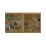 Japanese School, Edo period, 19th century, performers and musicians in a garden landscape, pair o...