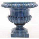 A teal glazed pottery urn in the style of Burmantofts Pottery, 19th century, unmarked, of squat C...