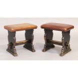 A pair of ebonised oak stools, mid 20th Century, with tan leather upholstered seats on shaped sup...