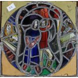 Three lead lined stained glass panels, the largest of roundel form with two central figures in co...