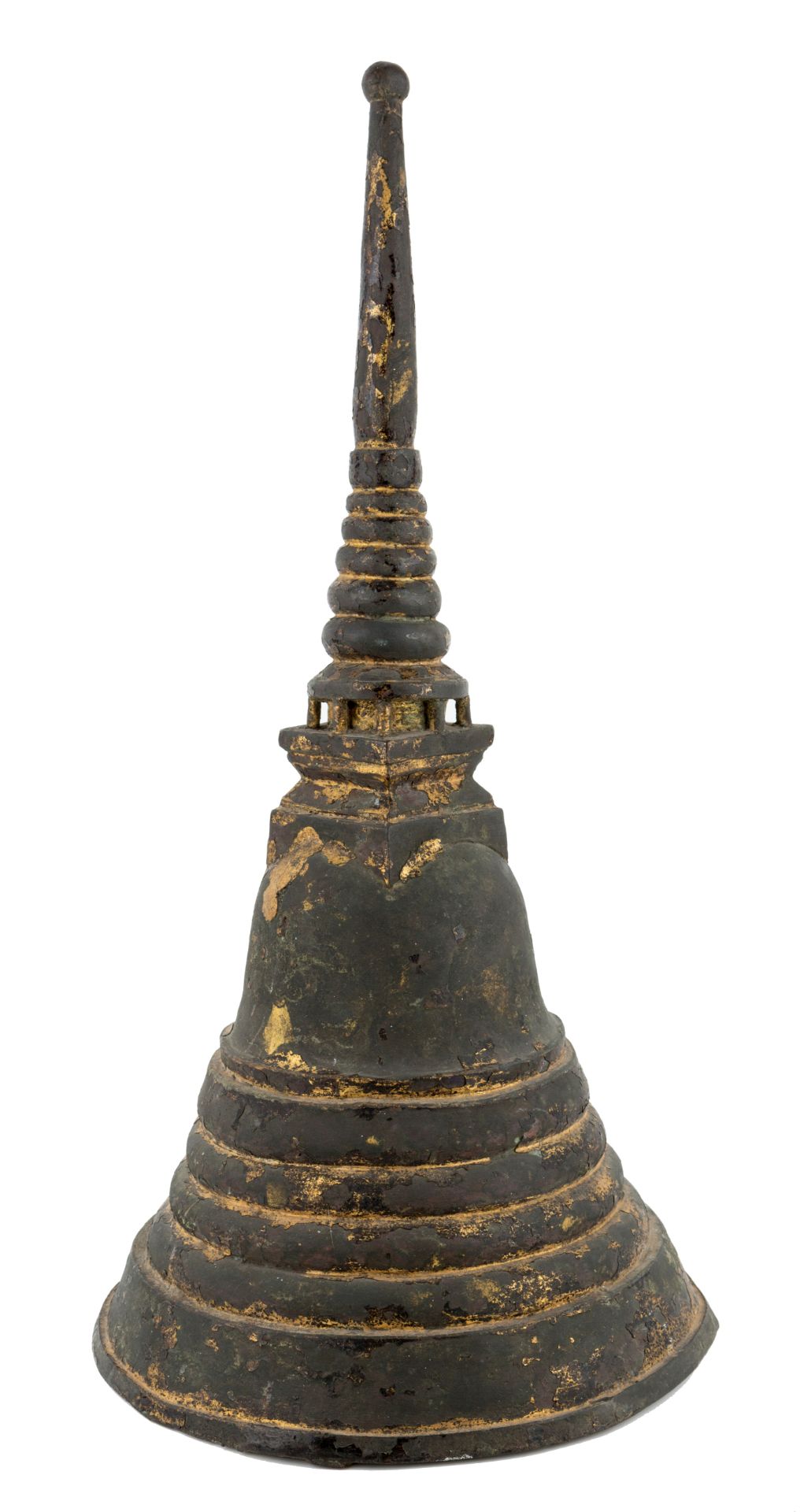 A Thai gilt lacquered bronze stupa, 18th century, of a round bell-shaped form, incorporating colu...