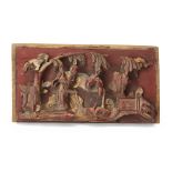 A Chinese gilt-painted red lacquered wood plaque, Qing dynasty, 19th century, the plaque carved i...