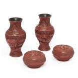A group of four Chinese cinnabar lacquer vessels, late Qing dynasty/Republic period, comprising: ...