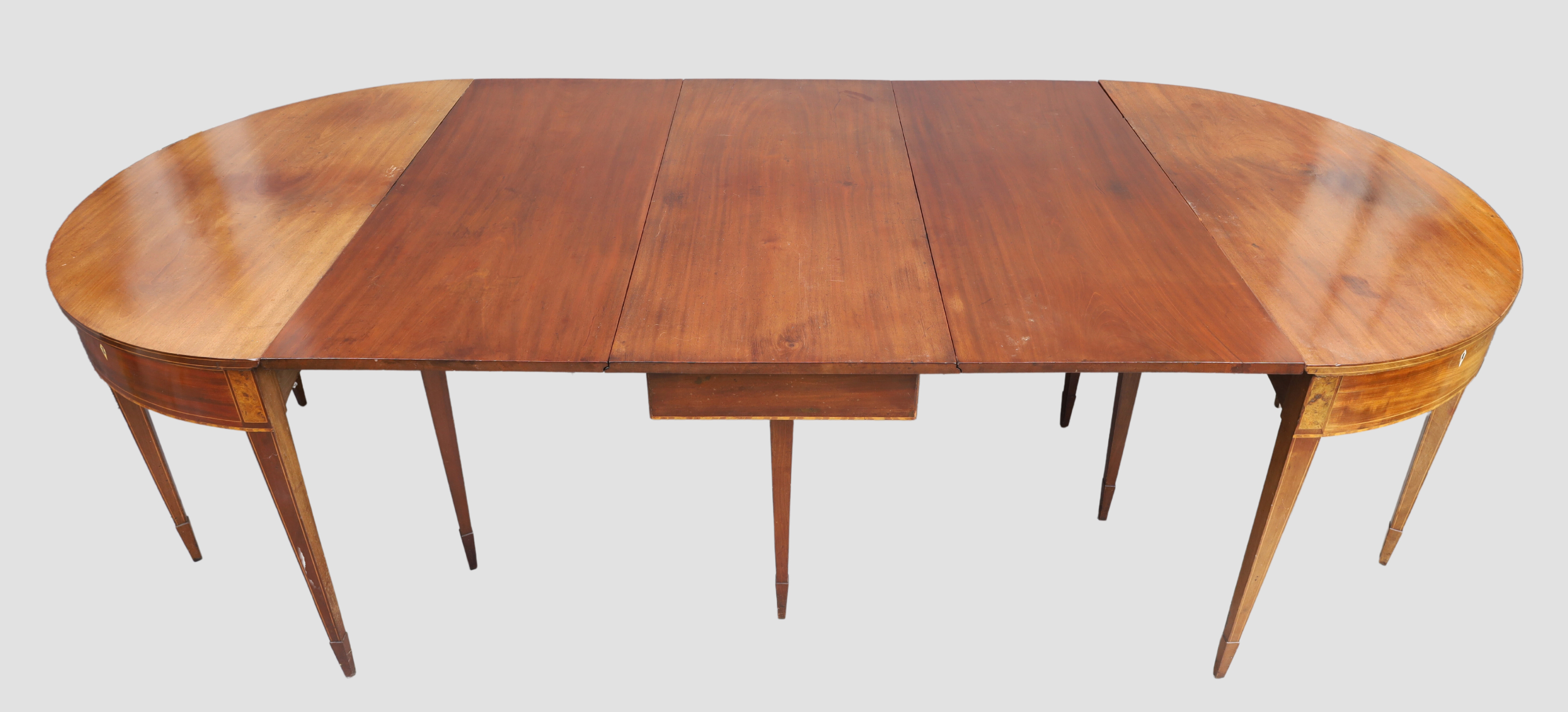 A George III mahogany D-end dining table, last quarter 18th century, boxwood and burr walnut inla... - Image 2 of 2