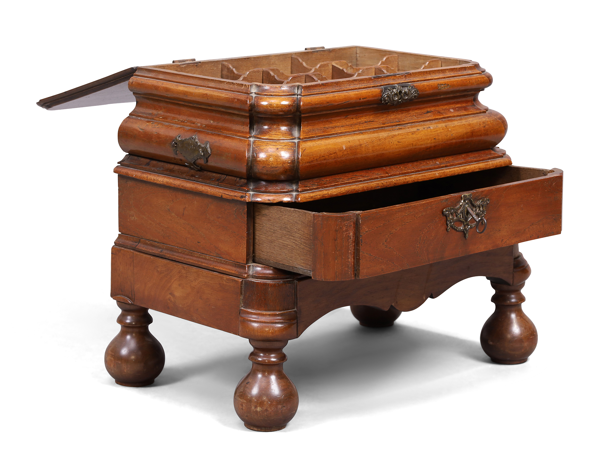 A Dutch bombe oak work box, second quarter 19th century, the hinged top above drawer and side dra... - Image 3 of 5