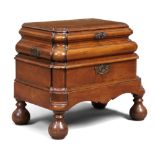 A Dutch bombe oak work box, second quarter 19th century, the hinged top above drawer and side dra...