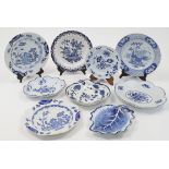 A group of nine blue and white English delft wares, 19th century, comprising: five plates and fou...