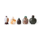 Five Chinese hardstone snuff bottles, late Qing dynasty, 19th/20th century, comprising: two carve...