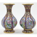 A pair of Chinese lobbed cloisonné enamel vases, 20th century, the pear shaped vase with splayed ...