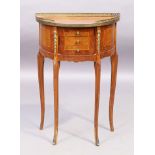 A French walnut demi lune side table, Louis XV style, 20th century, gilt metal mounted, with thre...
