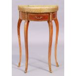 A French marble top demi lune walnut side table, 20th century, brass gallery top above single dra...