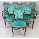 A set of ten French stained beechwood dining chairs, 20th century, to include two carvers, gilt m...