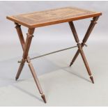 An inlaid mahogany and oak side table, 20th century, the inlaid rectangular top on crossed square...