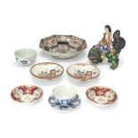 A group of Japanese wares, Meiji period, comprising: an enamelled figure of Kannon on a shishi, 2...