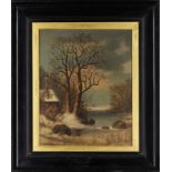 European School,  19th century-  A wooded river landscape in winter with a cottage;  oil on can...