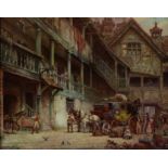 After Frank Moss Bennett,  British 1874-1952-  Town scene with horses;  reproduction print, 34....