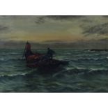 British school,  19th Century-  Shipping in stormy seas;  oil on canvas, 24.5 x 34.2 cm.