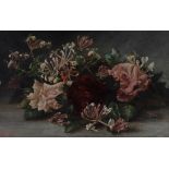 British School,  late 19th century-  Still life with roses and honeysuckle;  oil on canvas, sig...