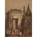 Charles Rousse,  British fl.1870-1890-  A street scene in France with figures in traditional dre...