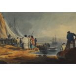 William Payne OWS,  British 1754/60-1830/33-  Fisherfolk by a harbour; and Figures on a boat by ...