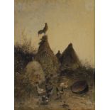 Octave Alfred Saunier,  French 1842-1887-  Poultry on a haystack;  watercolour, signed and date...