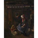 Johan Frederik Busch,  Danish 1825-1883-  Family in a cottage interior;  oil on canvas laid dow...