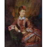 British school,  early 19th Century-  Portrait of a lady in a red dress, holding a letter;  wat...