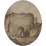 James Lambert,  British 1741-1799-  The Castle Gateway at Lewes, Sussex, from the south;  pen, ...