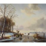 Arie Herkelman,  Dutch b.1945-  Winter landscape on a frozen lake;  oil on panel, signed 'A. He...