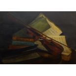 British School,  late 19th century-  Still life with books and a violin;  oil on canvas, signed...