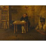 British Provincial School,  mid-19th century-  Figure seated at a table in a cottage interior;  ...