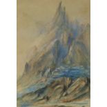 Follower of John Ruskin,  British 1819-1900-  Figures in an alpine landscape;  watercolour, 74 ...