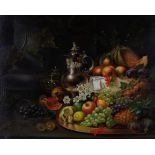 British School,  late 20th Century-  Still life with fruit and jug;  oil on canvas, inscribed '...