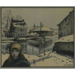 Jose Wolff,  Belgian 1885-1964-  Woman by a canal in winter;  lithograph printed in colours, si...