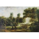 British School,  mid-19th century-  Landscape with figures on a path, before a bridge;  oil on ...