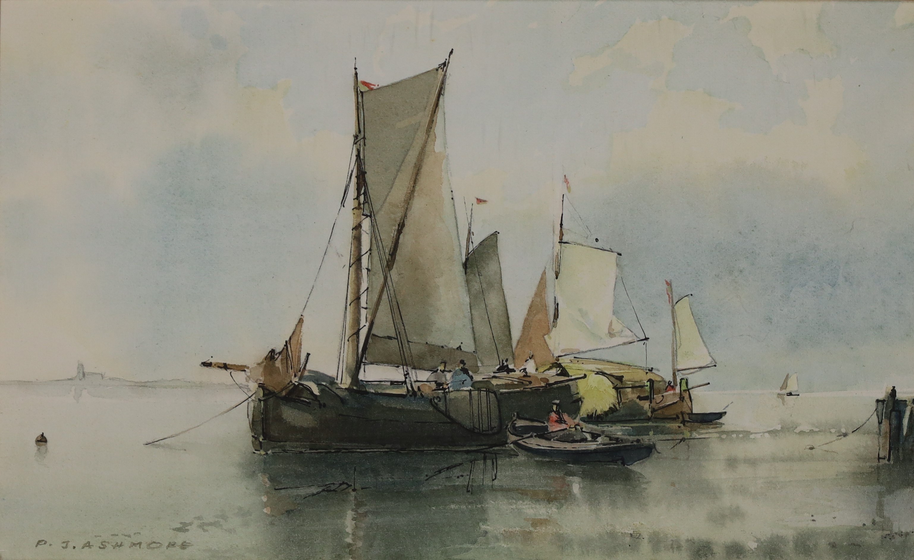 Peter J. Ashmore,  British 20th century -  Dutch Fishing Boats Off Shore;  watercolour on paper...