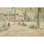 Allan Douglass Mainds RSA,  Scottish 1881-1945 -  A town square;  watercolour on paper, signed ...