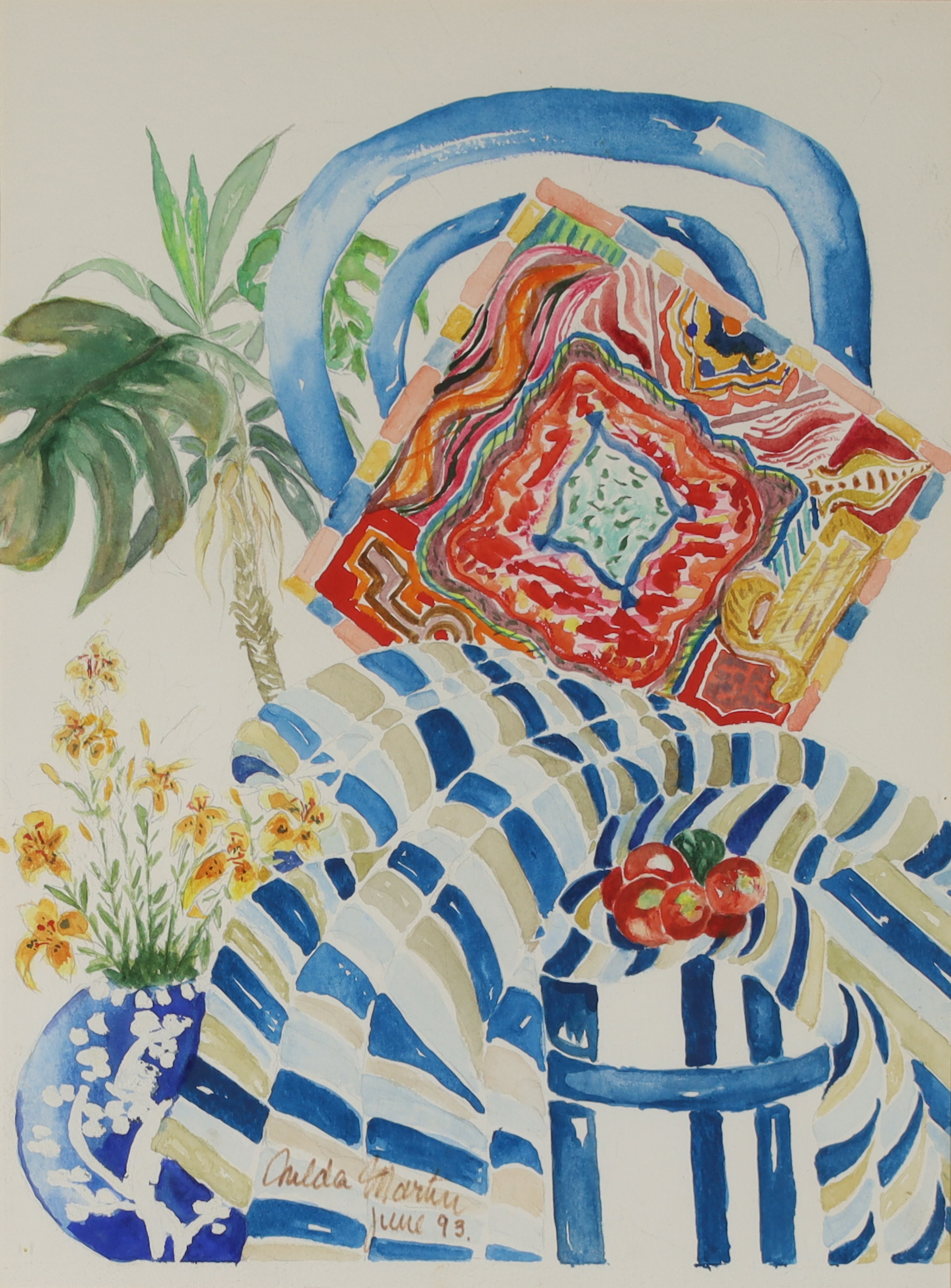 French school,  active c. 1993 -  Still life with textiles and a house plant, 1993;  watercolou...