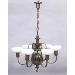 A German modernist chandelier, second half 20th century, with six white opaline shades on patinat...