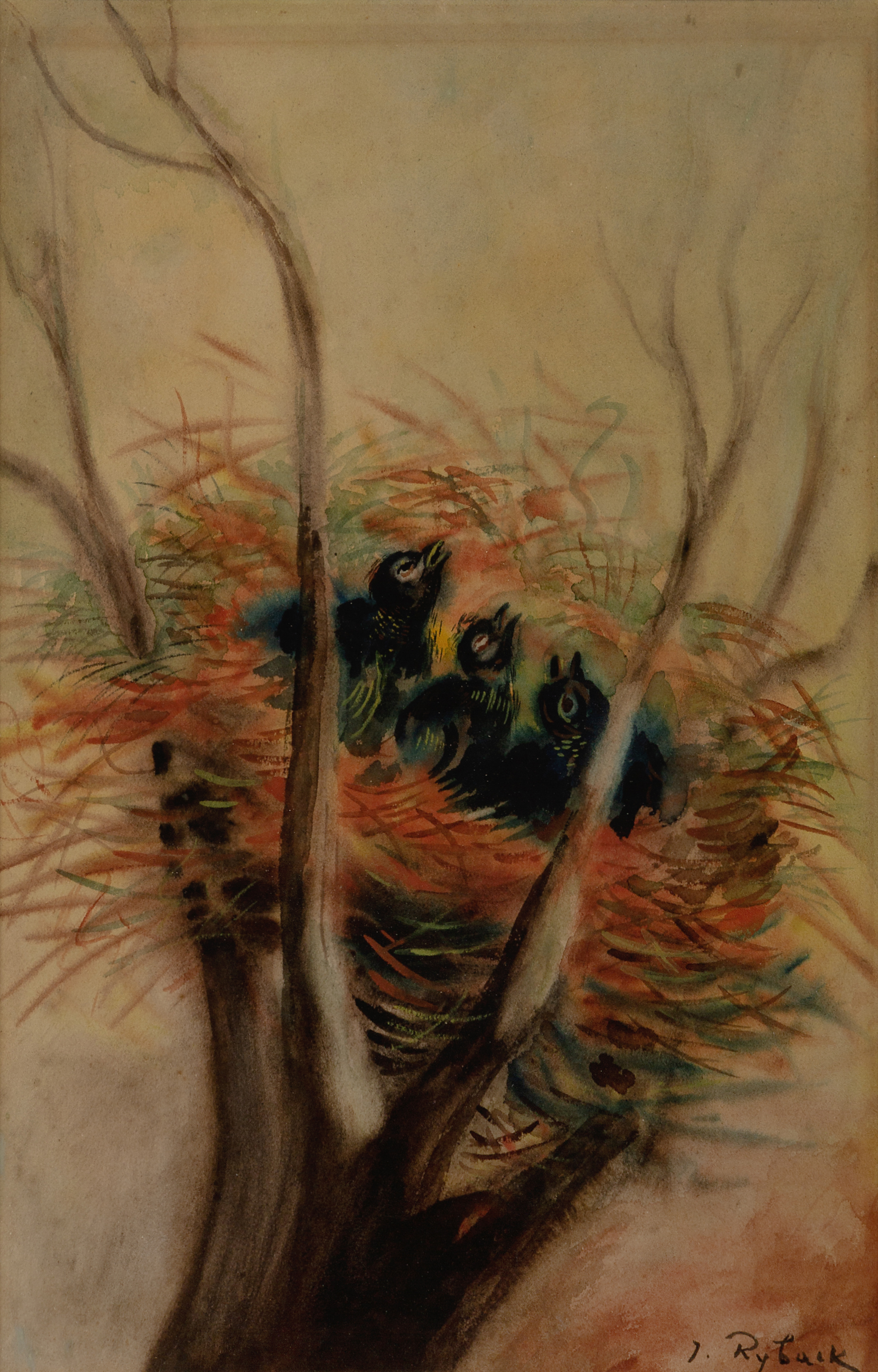 Issachar Ber Ryback,  Ukrainian/French 1897-1935 -  Birds in a nest;  watercolour on board, sig...