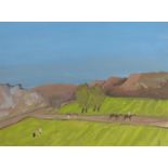 John Boynton Priestley OM,  British 1894-1984 -  Figures on a field with horses with a coastal l...