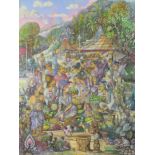 Balinese School,  late 20th century-  Market scene in a village with woodland and mountains;  ...
