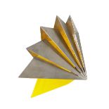 A contemporary modernist light cover, circa 2000, in brushed steel, with yellow Perspex, 56cm hig...