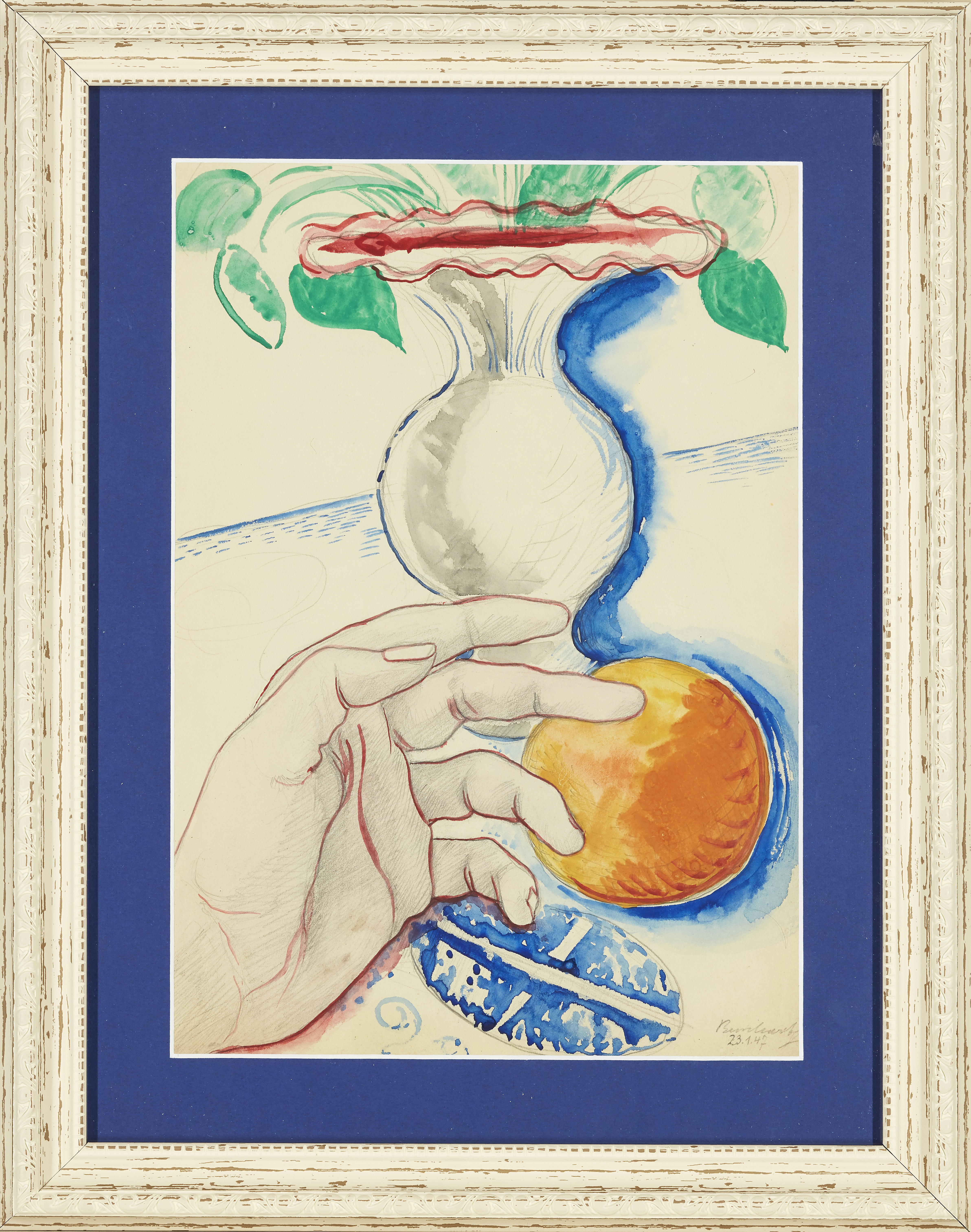 Max Burchartz,  German 1887-1961 -  Hand with orange and vase, 1947;  watercolour on paper, sig... - Image 2 of 3